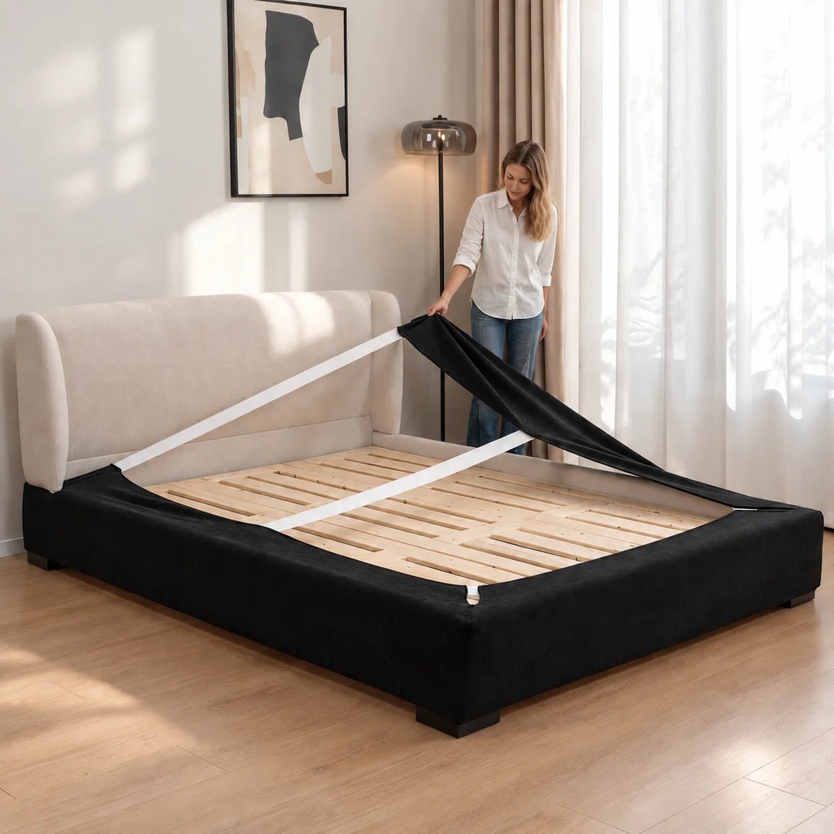 Classic Black · Stretch-Fit Inset Bed Frame Cover · Elastic Bands + Back Elastic