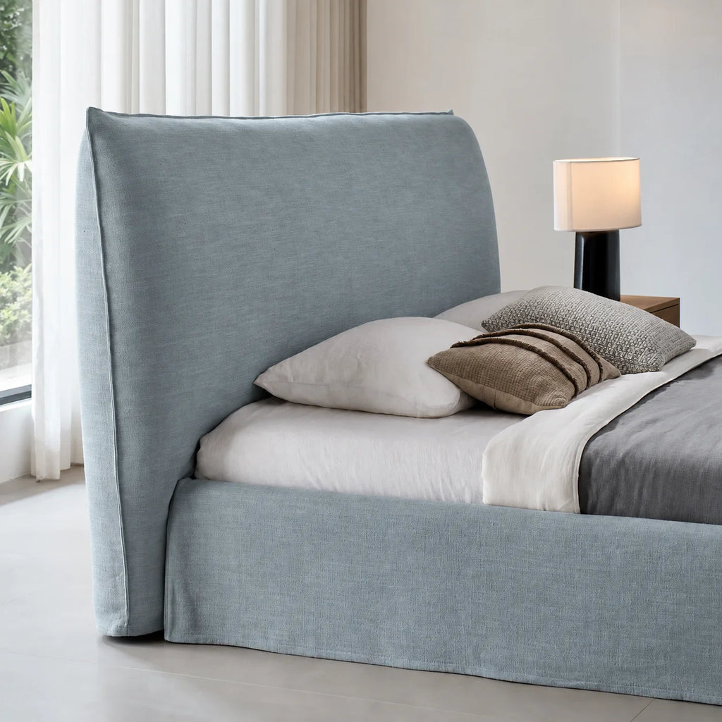 Custom Bed Frame Cover — Elara Flax · Alpine Mist