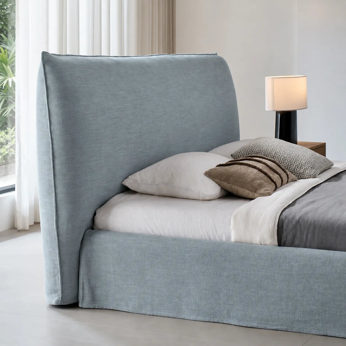 Custom Bed Frame Cover — Elara Flax · Alpine Mist