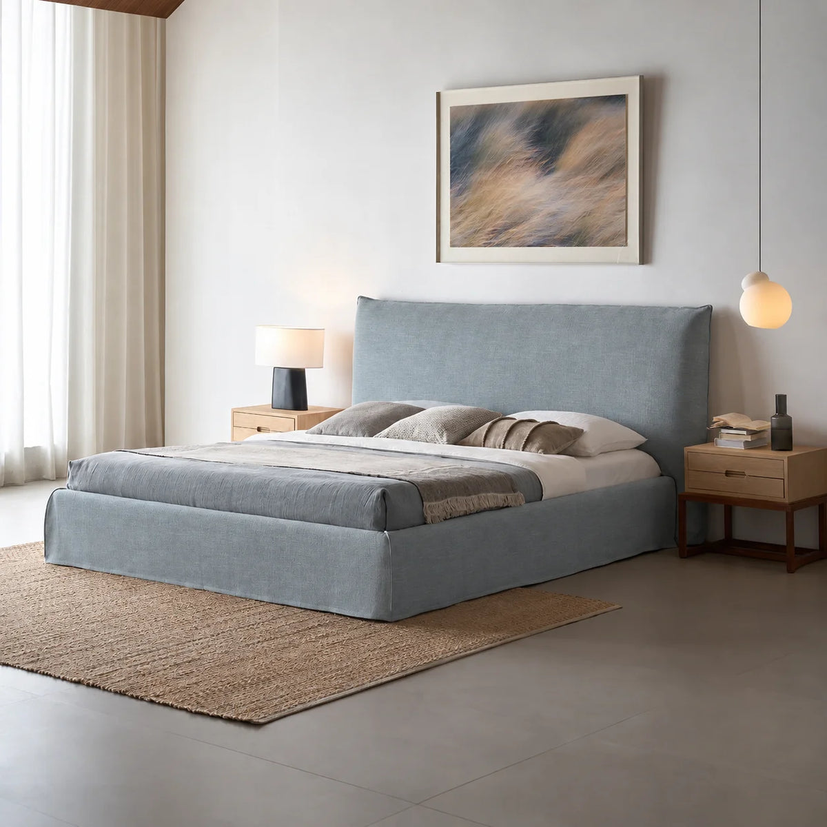 Custom Bed Frame Cover — Elara Flax · Alpine Mist