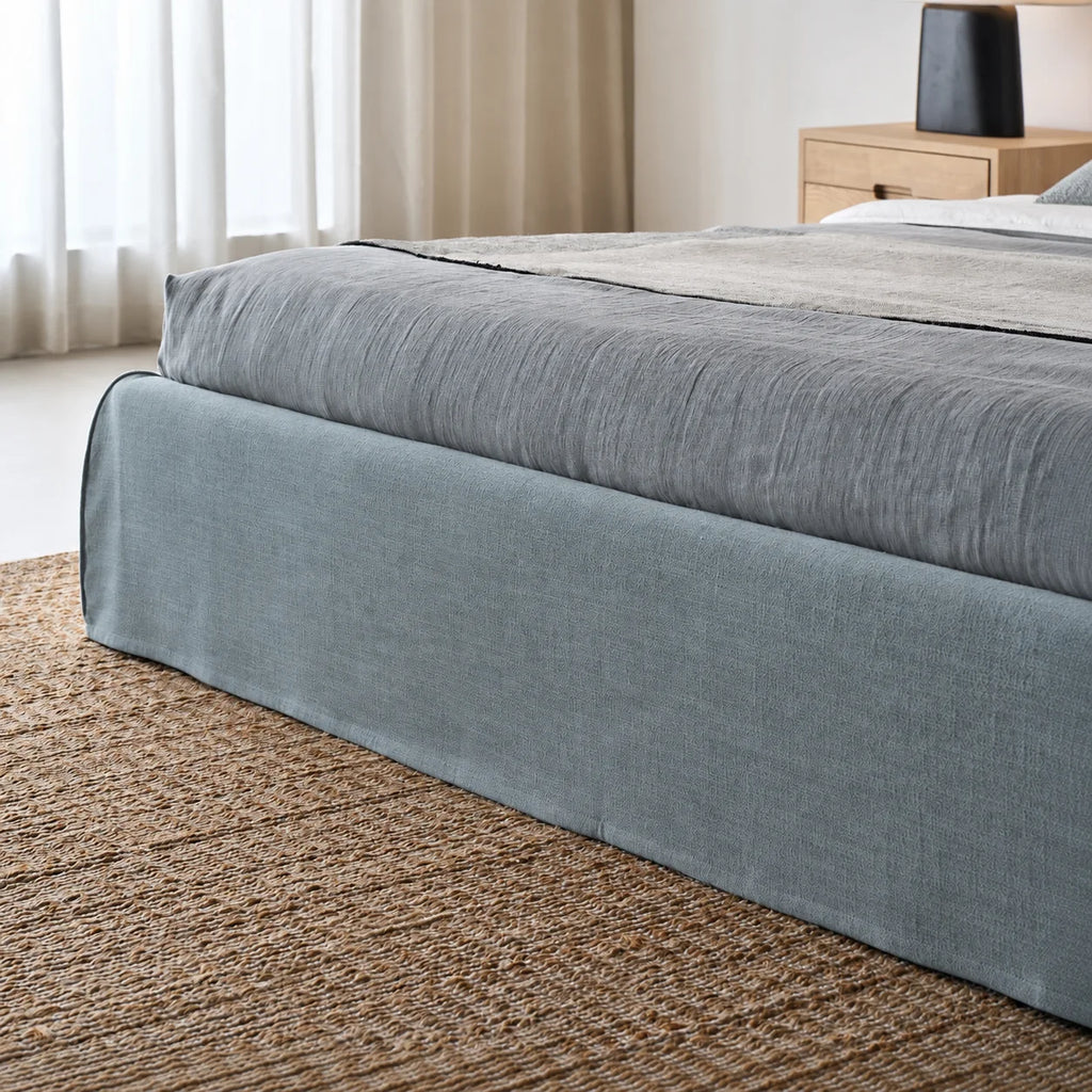 Custom Bed Frame Cover — Elara Flax · Alpine Mist