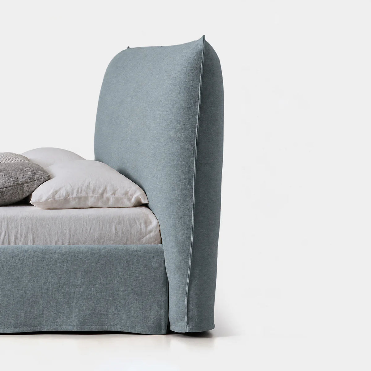Custom Bed Frame Cover — Elara Flax · Alpine Mist