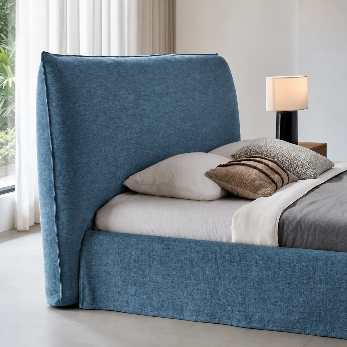 Custom Bed Frame Cover — Elara Flax · Celadon Whisper