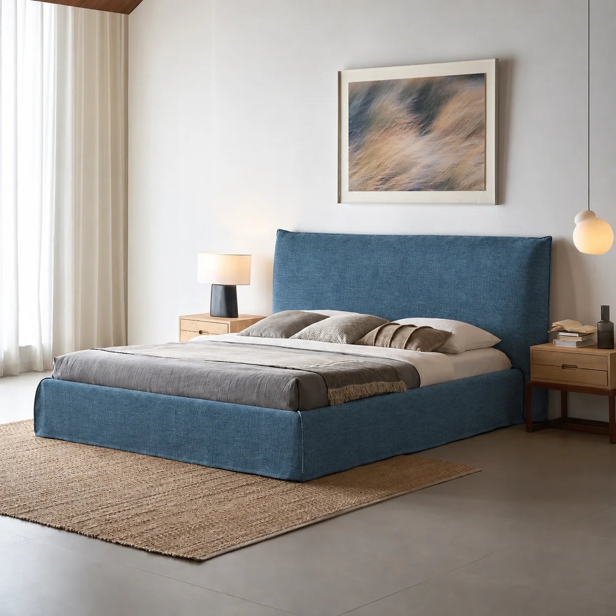 Custom Bed Frame Cover — Elara Flax · Celadon Whisper