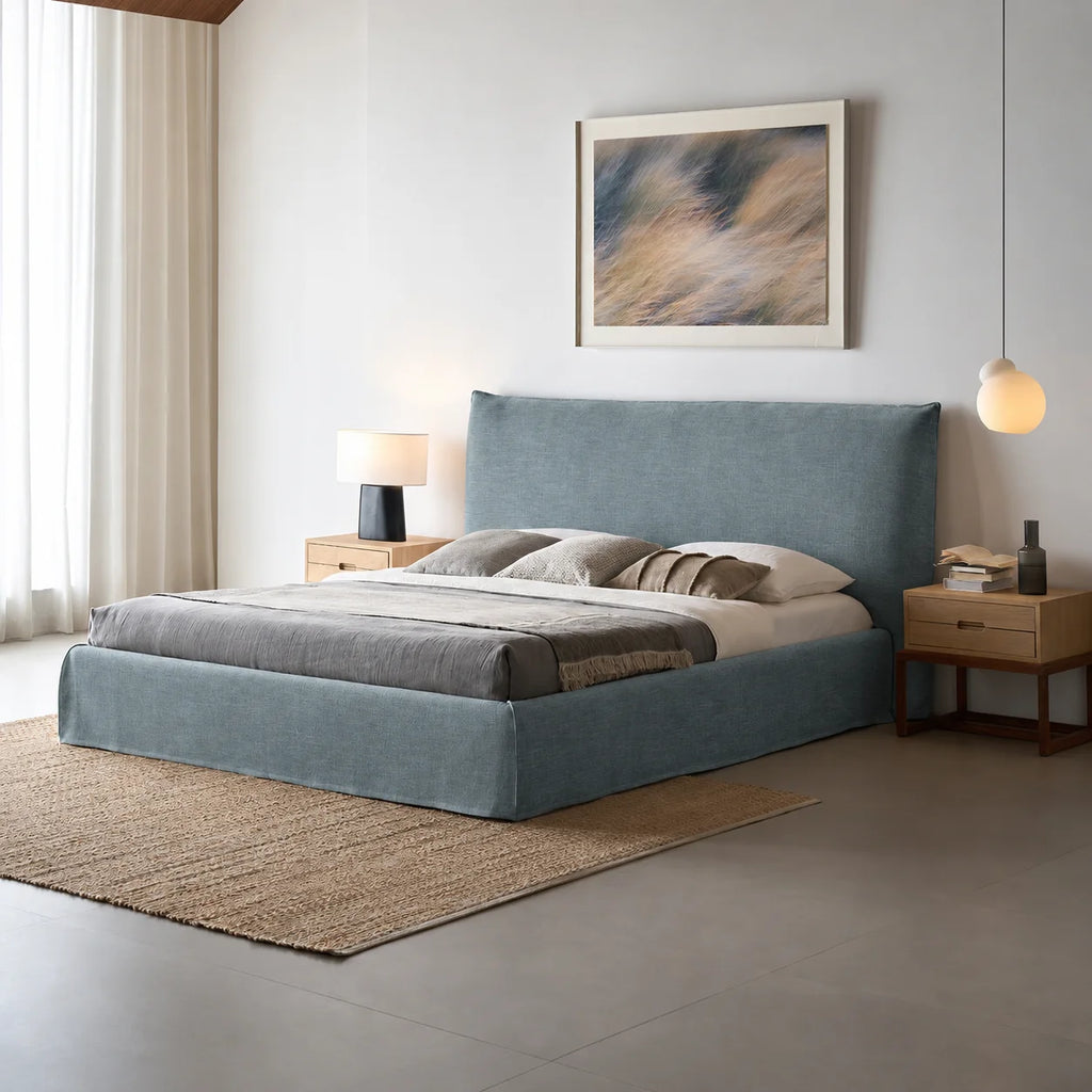 Custom Bed Frame Cover — Elara Flax · Celeste Blue