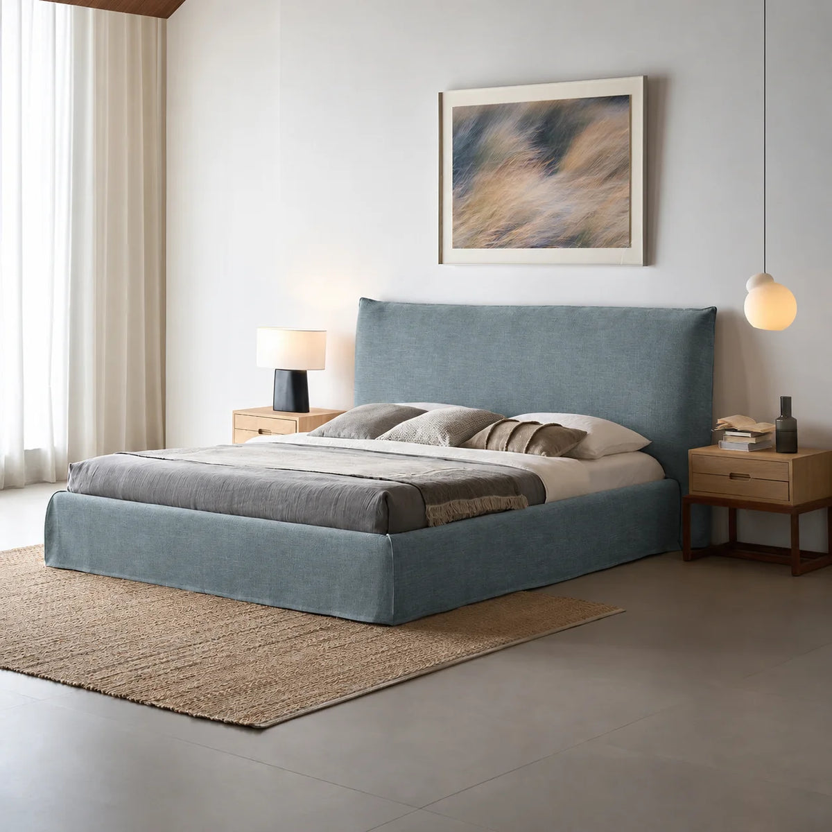 Custom Bed Frame Cover — Elara Flax · Celeste Blue