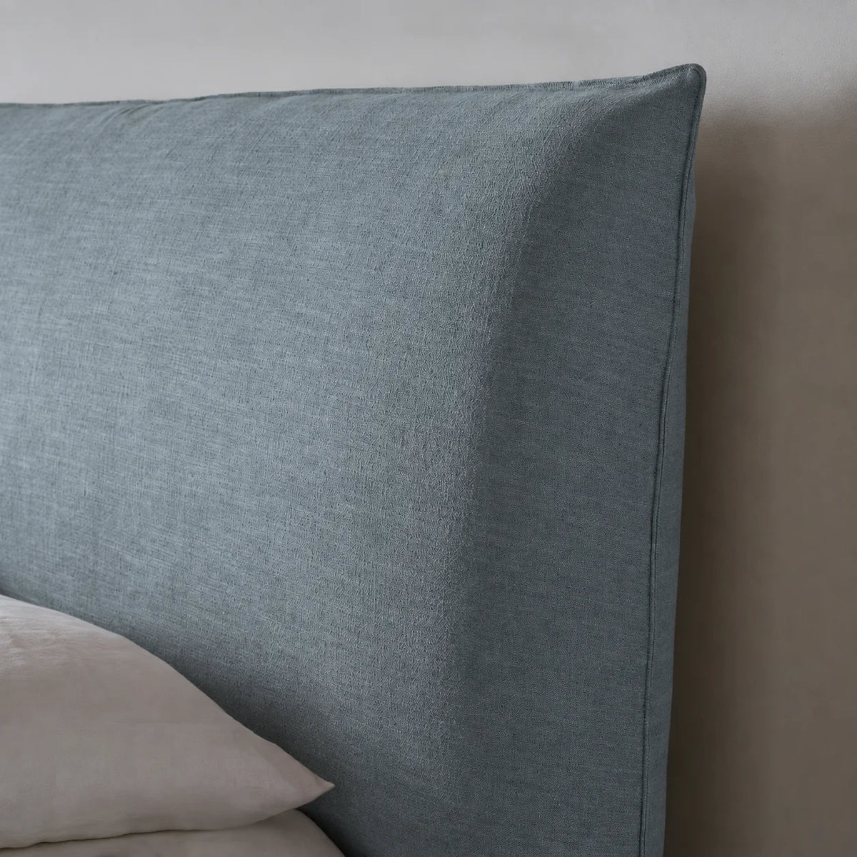 Custom Bed Frame Cover — Elara Flax · Celeste Blue