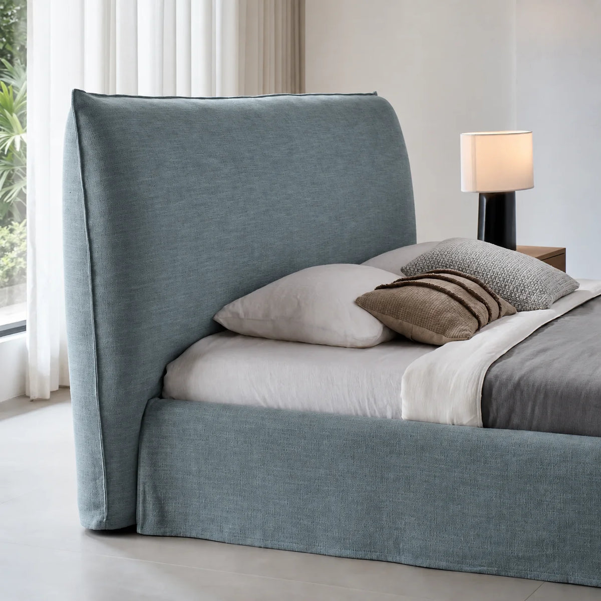 Custom Bed Frame Cover — Elara Flax · Celeste Blue
