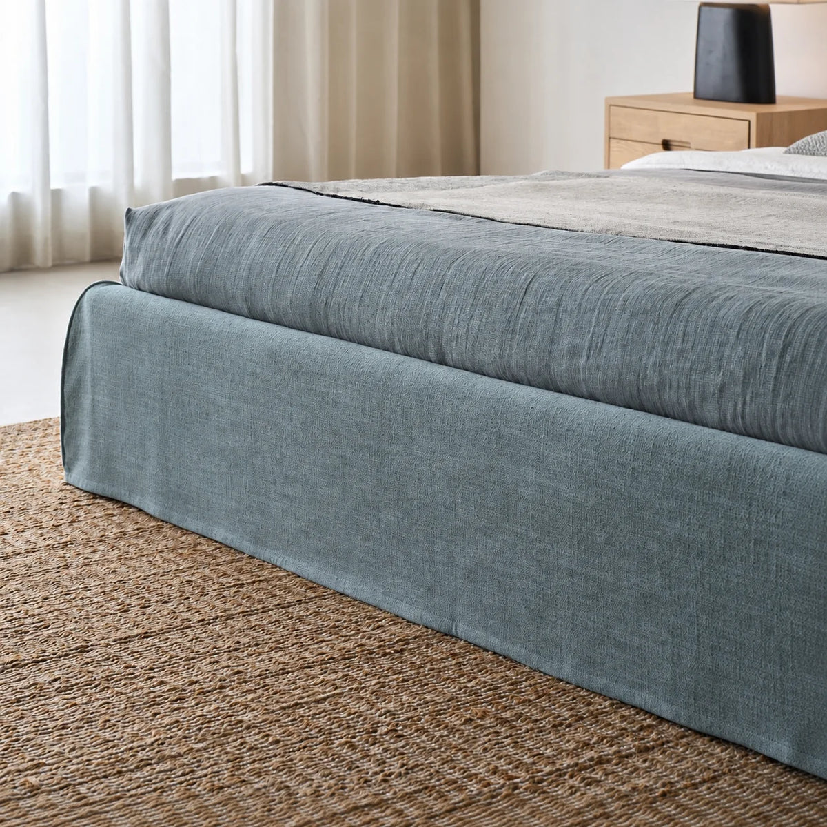 Custom Bed Frame Cover — Elara Flax · Celeste Blue