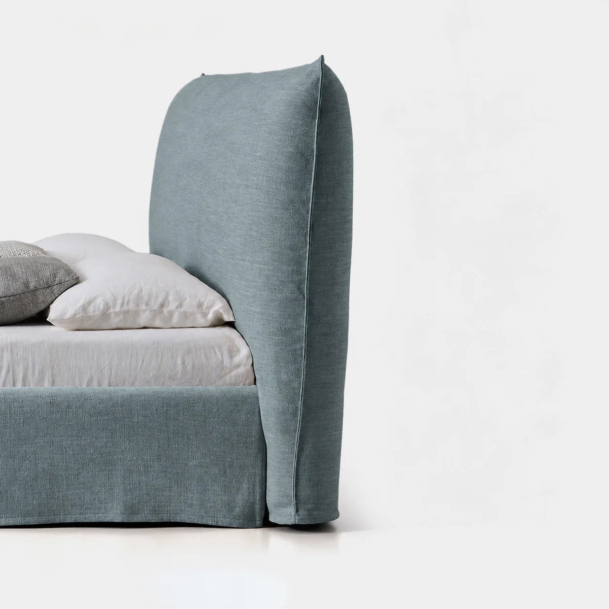 Custom Bed Frame Cover — Elara Flax · Celeste Blue