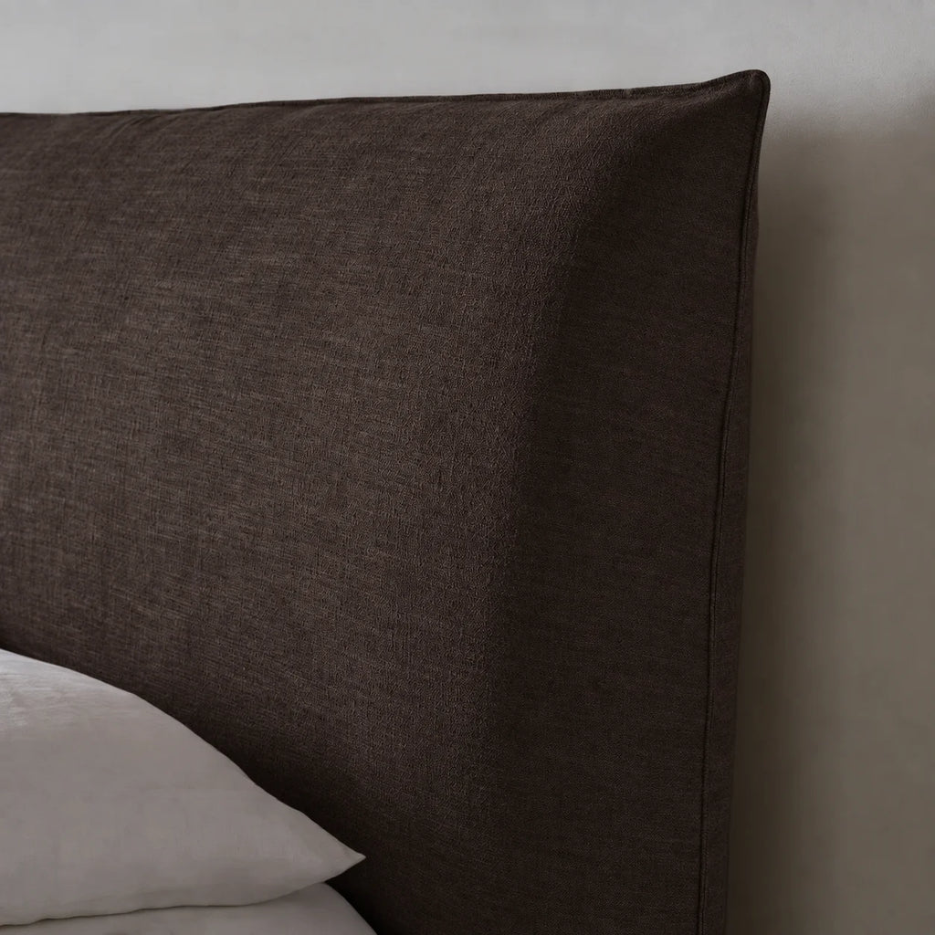 Custom Bed Frame Cover — Elara Flax · Cocoa Truffle