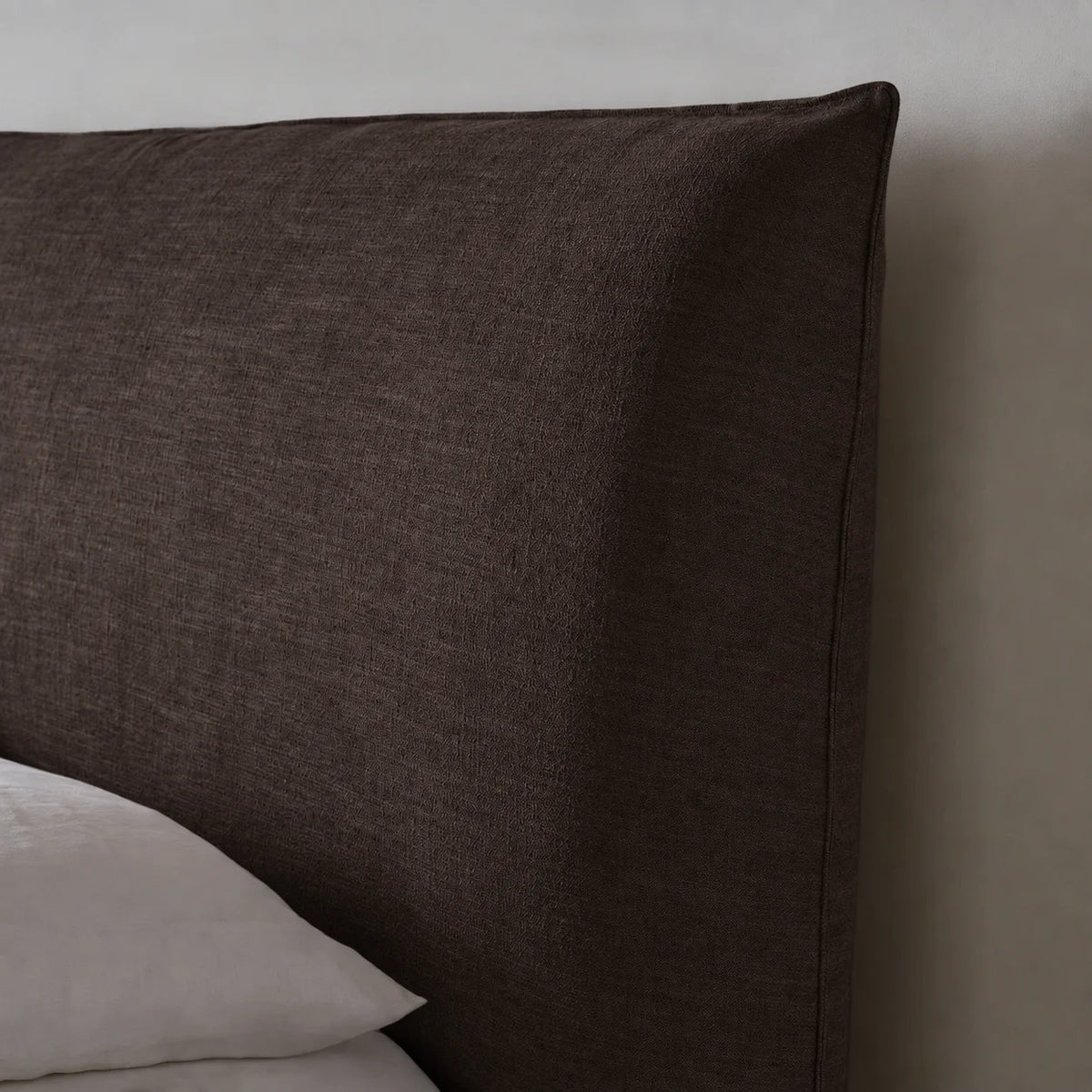 Custom Bed Frame Cover — Elara Flax · Cocoa Truffle