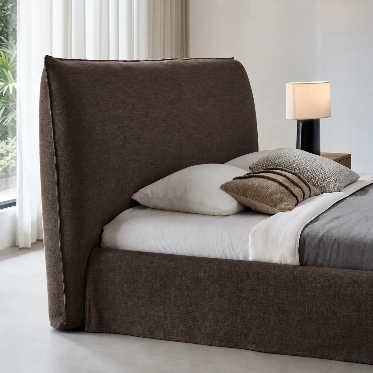 Custom Bed Frame Cover — Elara Flax · Cocoa Truffle