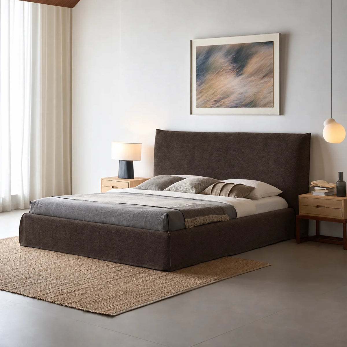 Custom Bed Frame Cover — Elara Flax · Cocoa Truffle