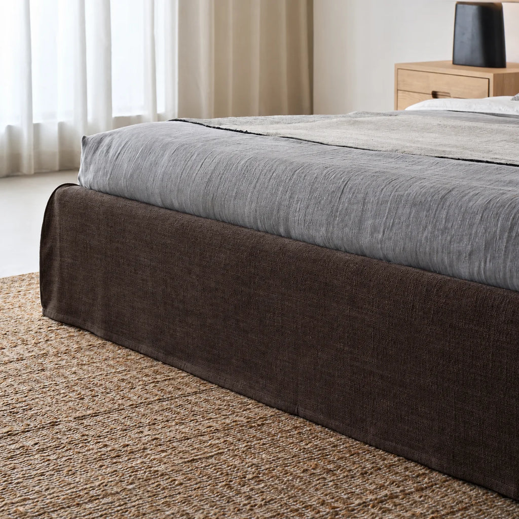 Custom Bed Frame Cover — Elara Flax · Cocoa Truffle