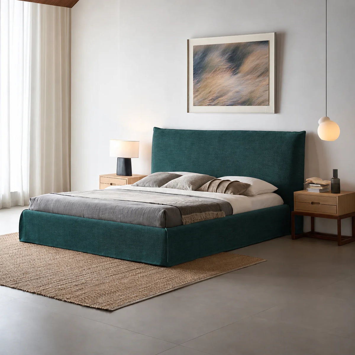 Custom Bed Frame Cover — Elara Flax · Emerald Jewel