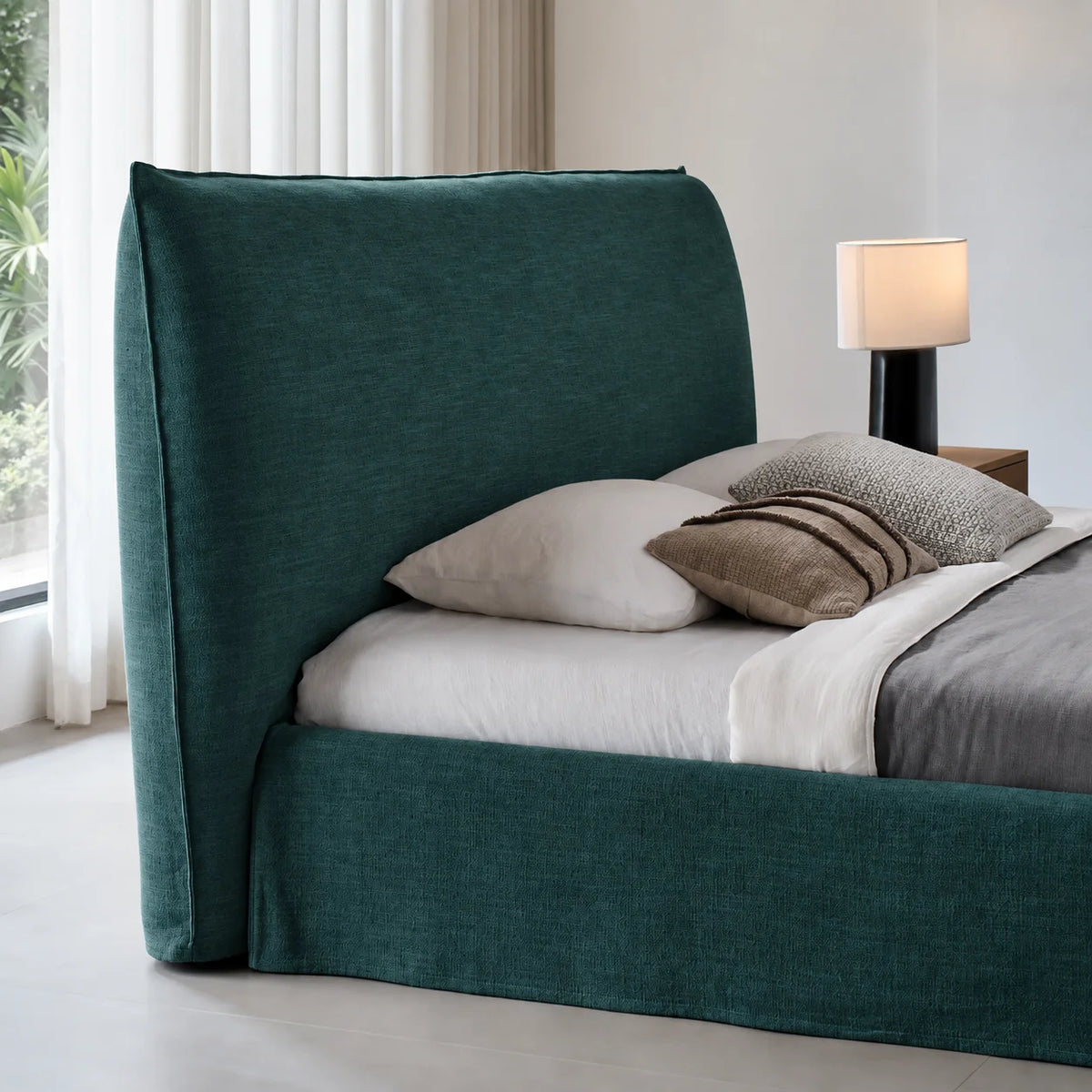 Custom Bed Frame Cover — Elara Flax · Emerald Jewel