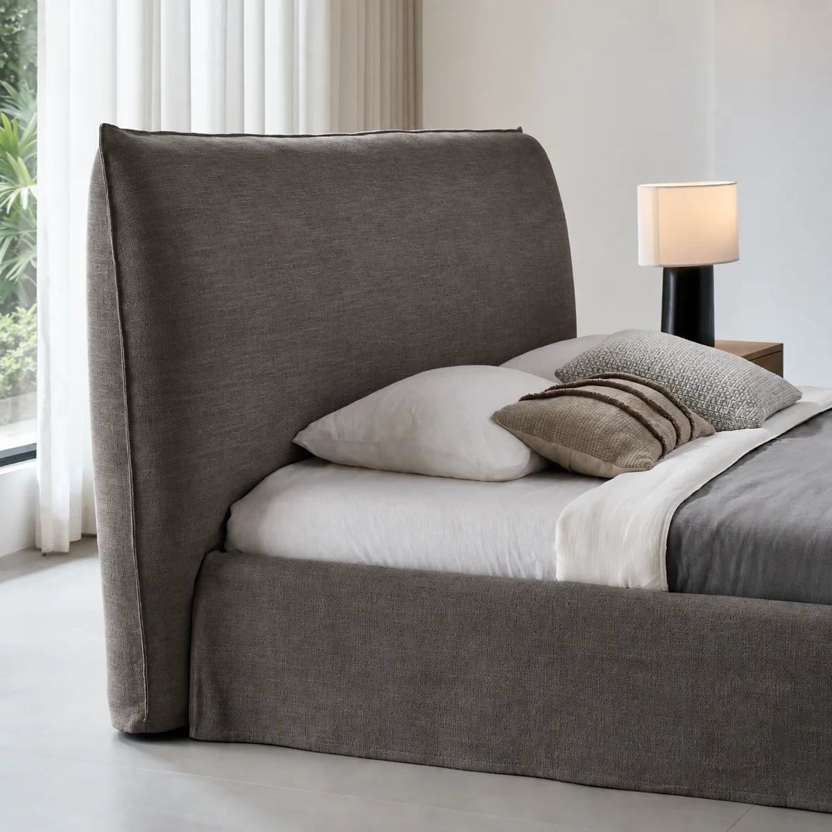 Custom Bed Frame Cover — Elara Flax · Espresso Bark