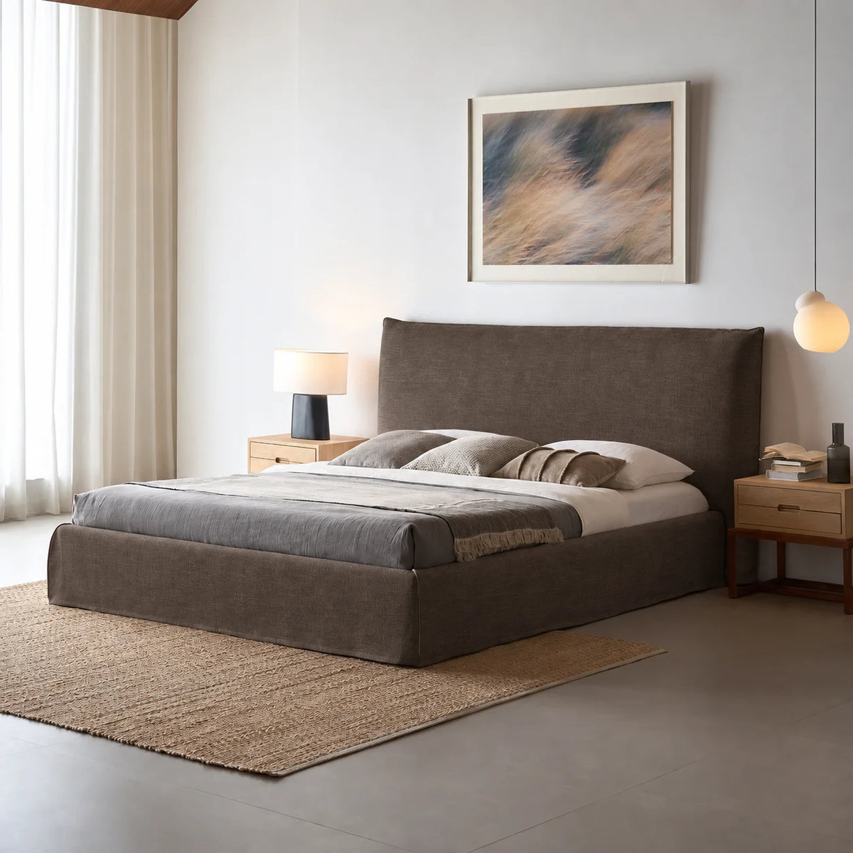 Custom Bed Frame Cover — Elara Flax · Espresso Bark