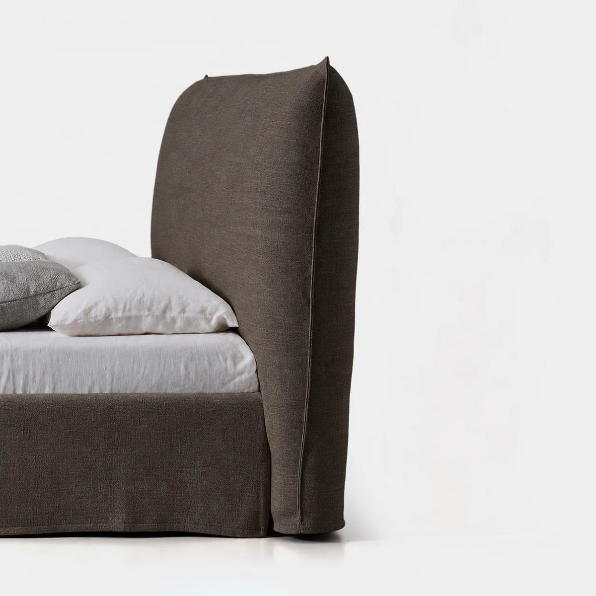 Custom Bed Frame Cover — Elara Flax · Espresso Bark