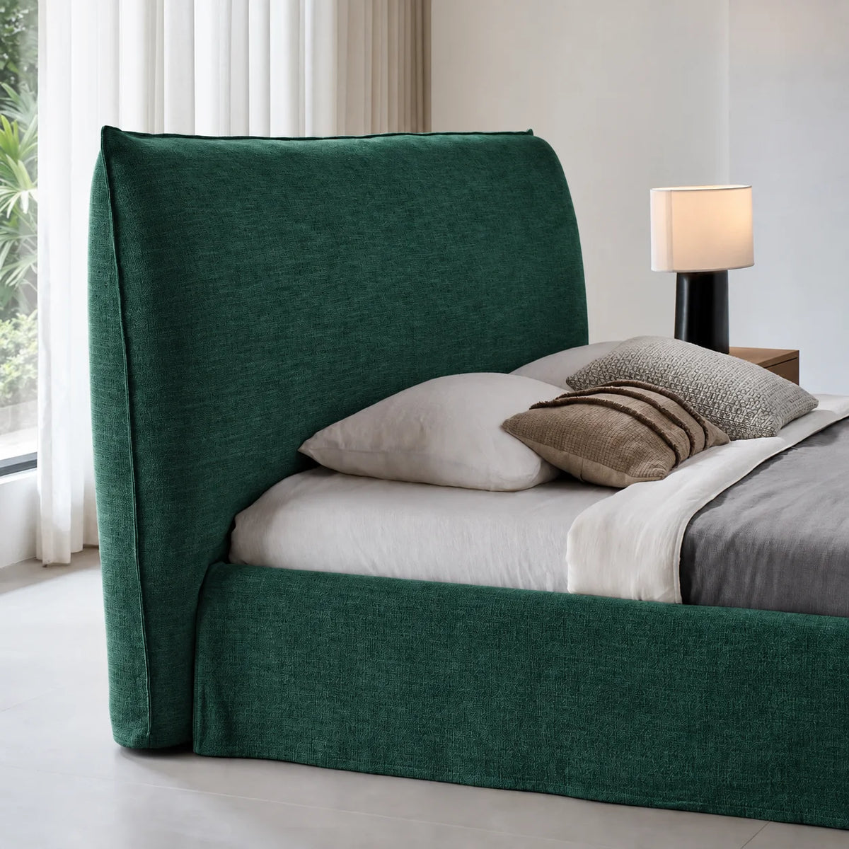 Custom Bed Frame Cover — Elara Flax · Evergreen Canopy