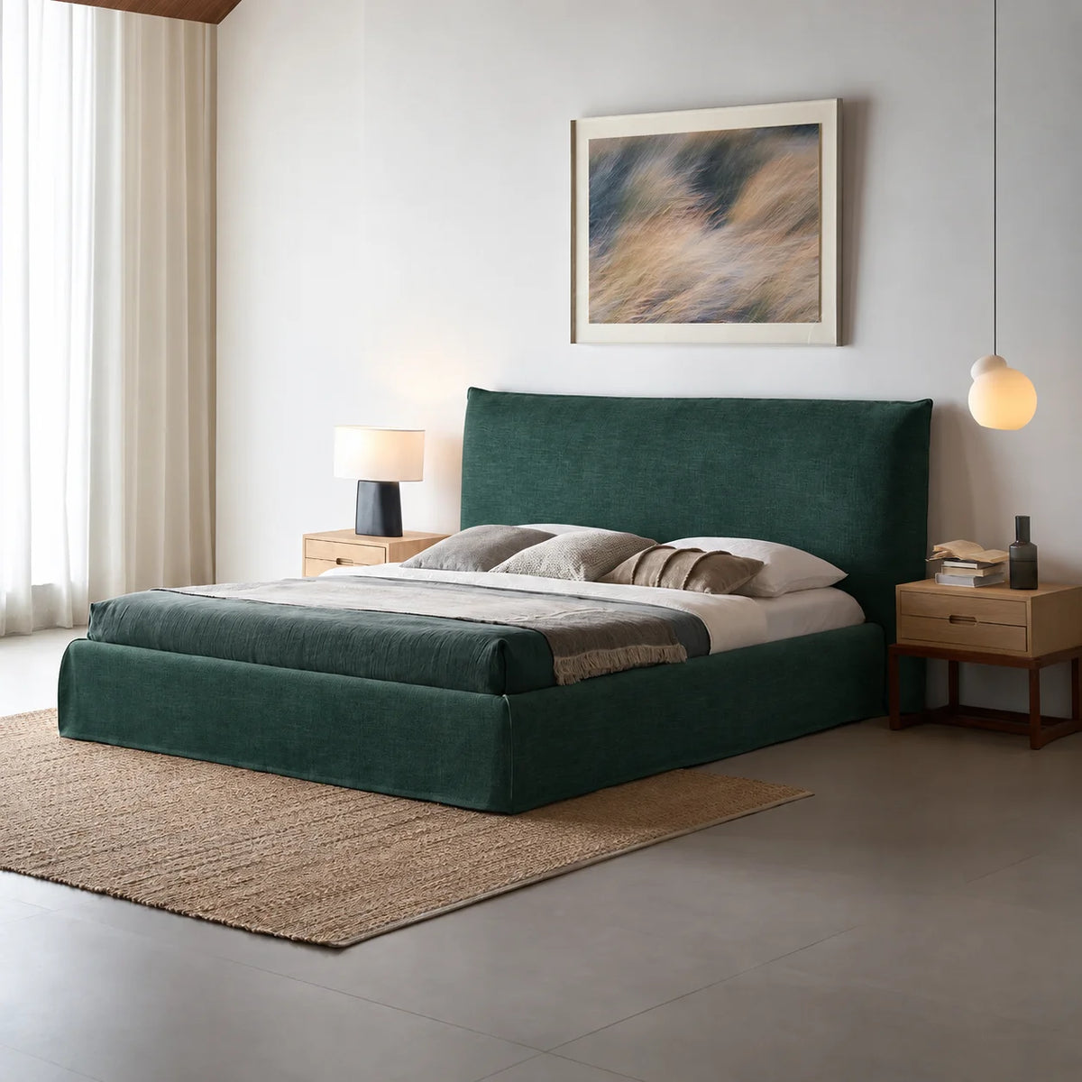 Custom Bed Frame Cover — Elara Flax · Evergreen Canopy
