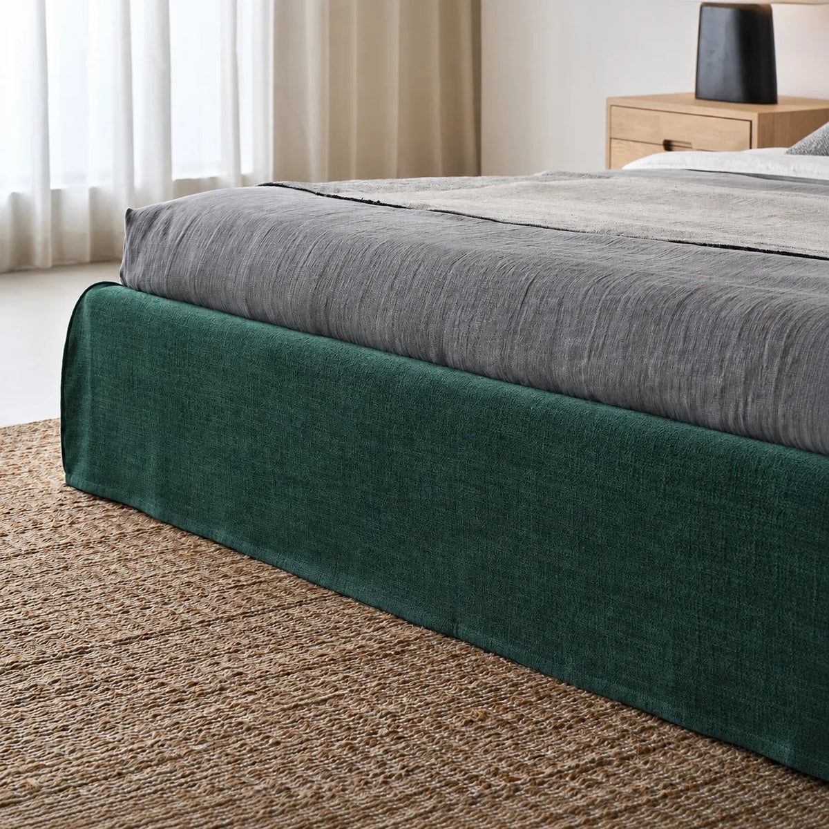 Custom Bed Frame Cover — Elara Flax · Evergreen Canopy
