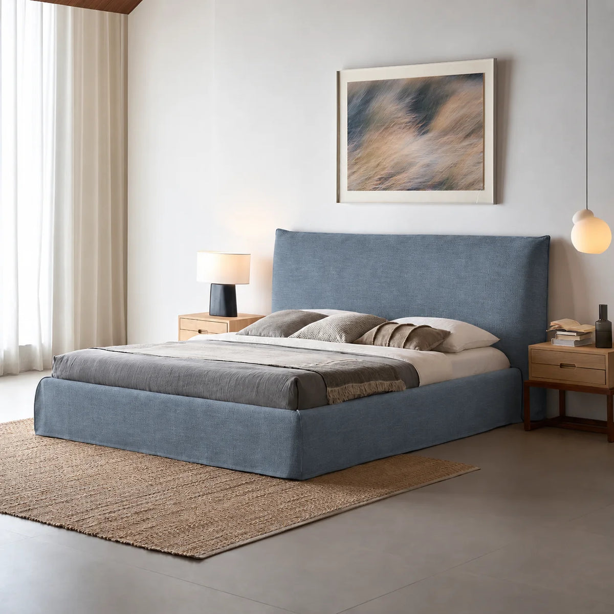 Custom Bed Frame Cover — Elara Flax · Foggy Harbor