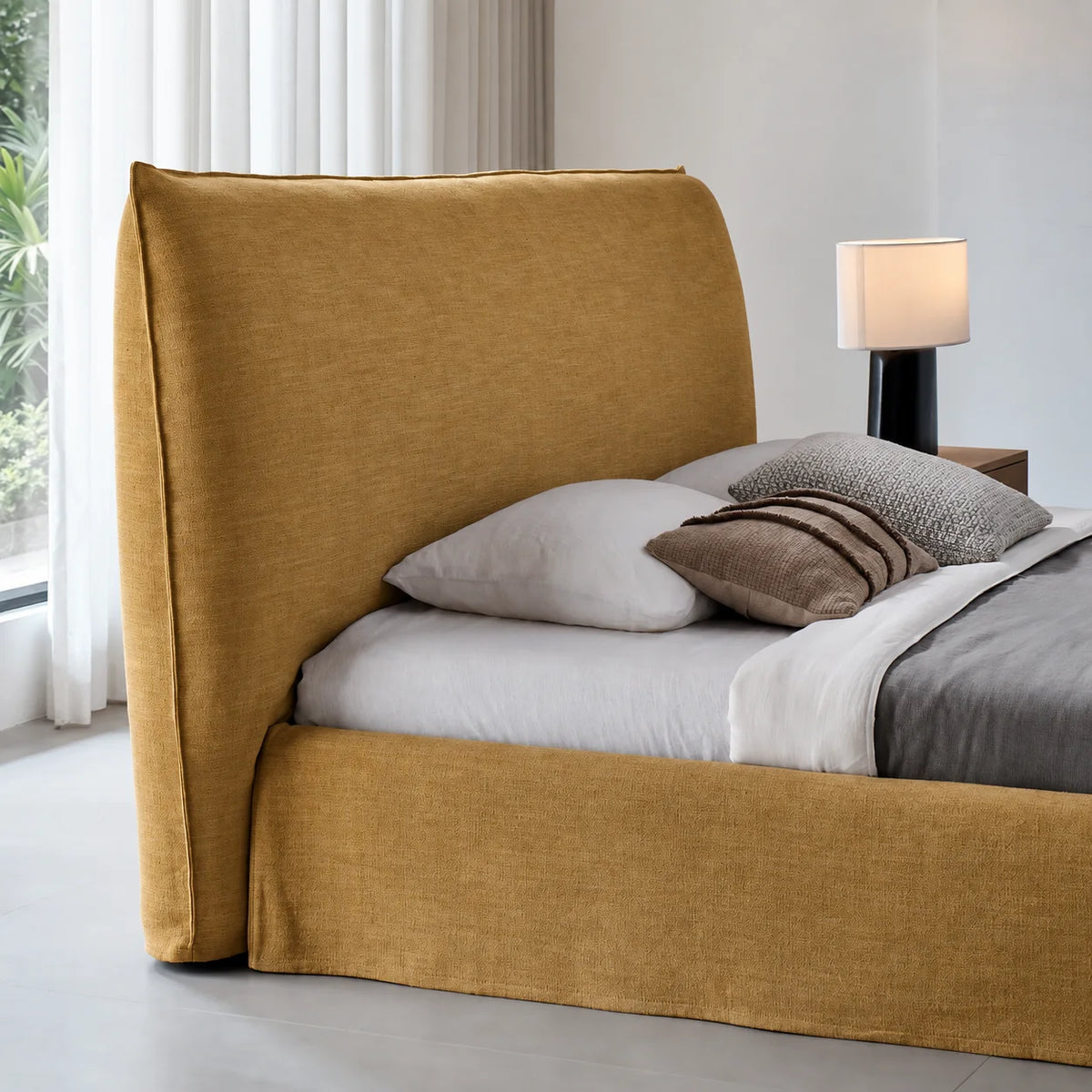 Custom Bed Frame Cover — Elara Flax · Golden Ginkgo