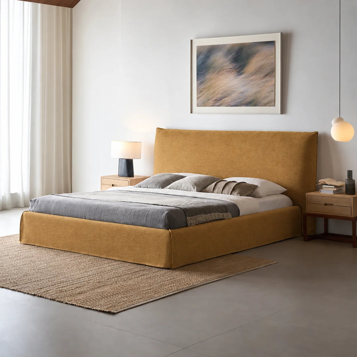 Custom Bed Frame Cover — Elara Flax · Golden Ginkgo
