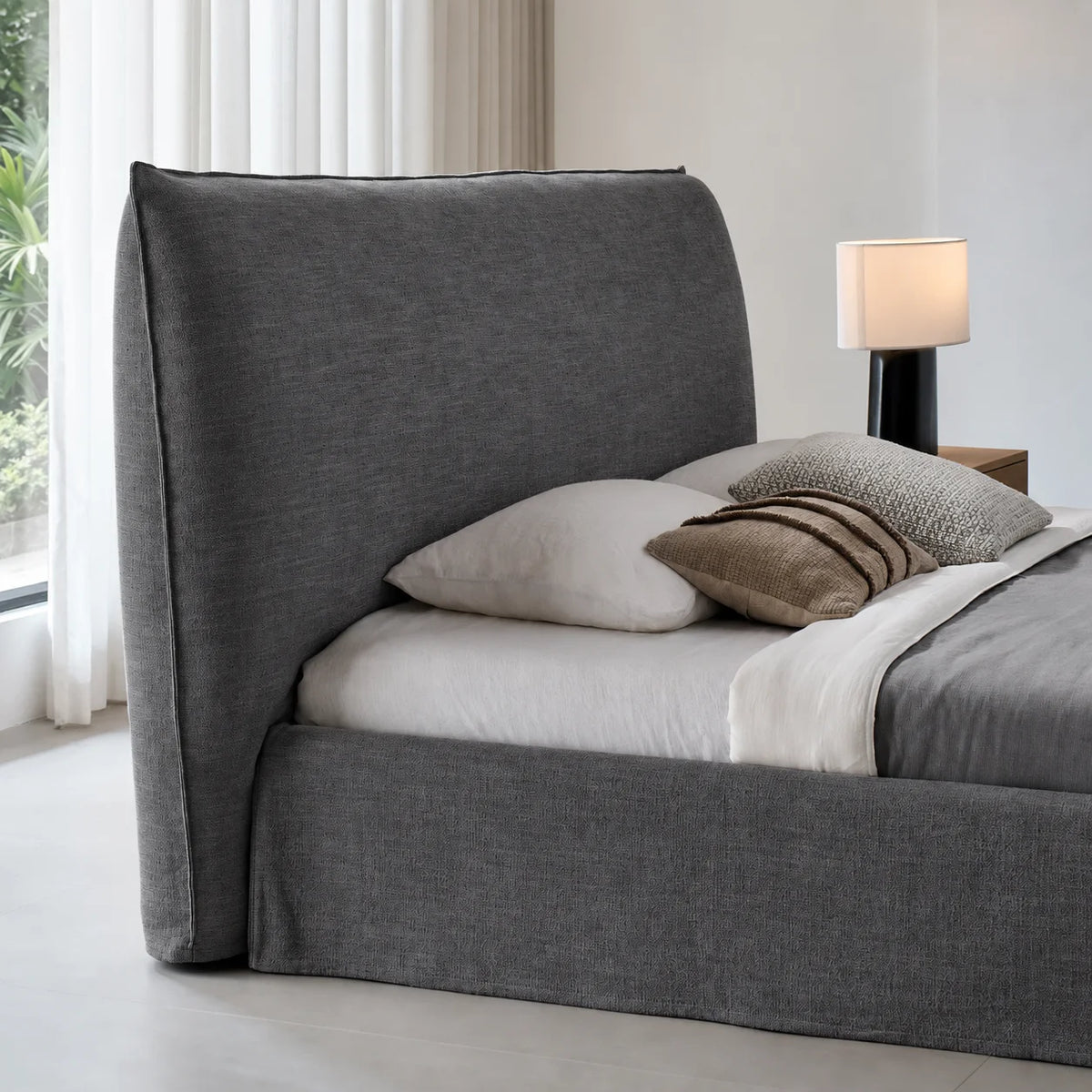 Custom Bed Frame Cover — Elara Flax · Graphite Shadow