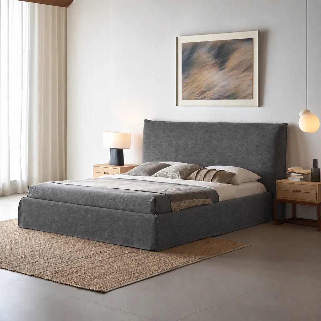 Custom Bed Frame Cover — Elara Flax · Graphite Shadow
