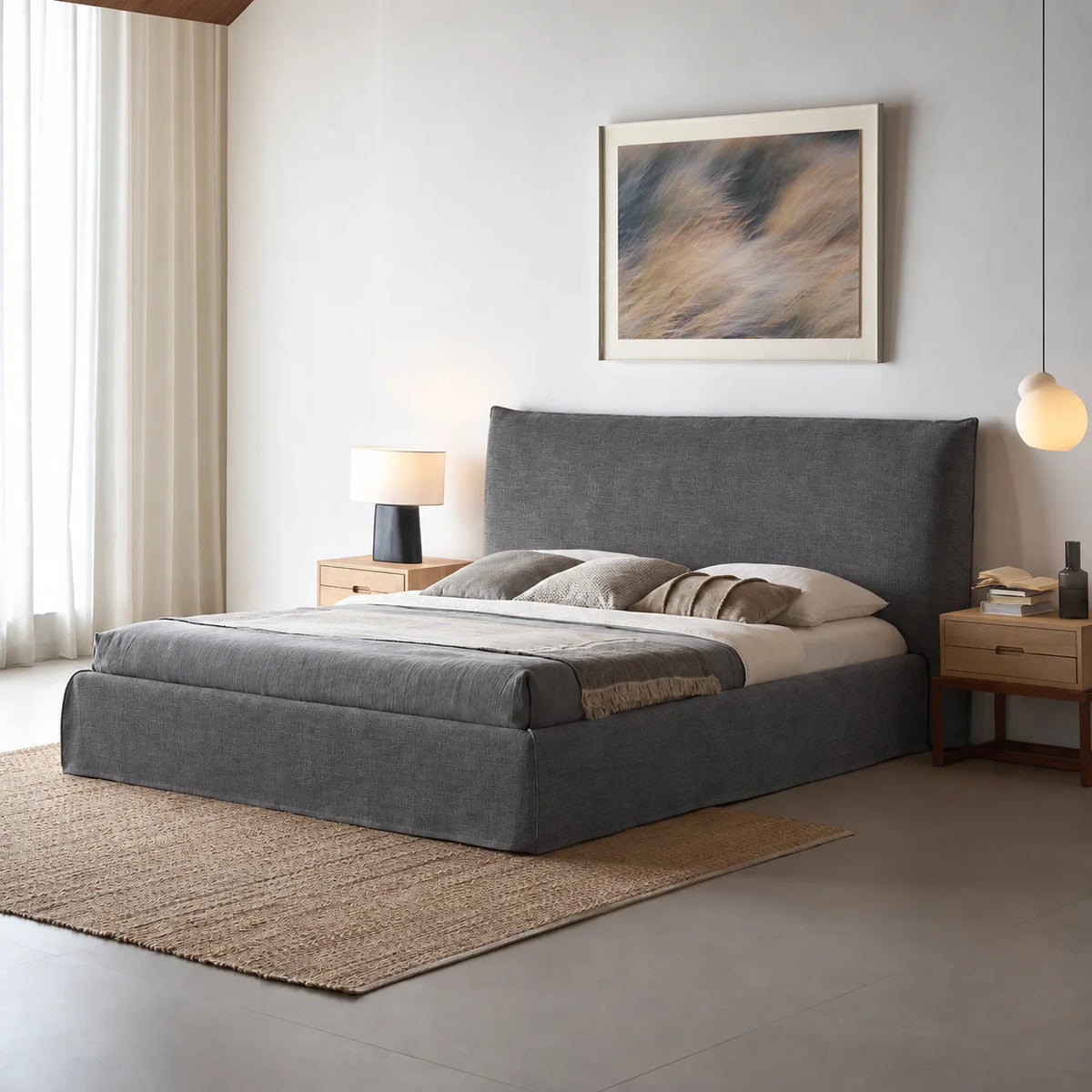 Custom Bed Frame Cover — Elara Flax · Graphite Shadow
