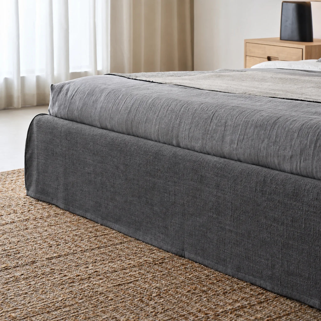 Custom Bed Frame Cover — Elara Flax · Graphite Shadow