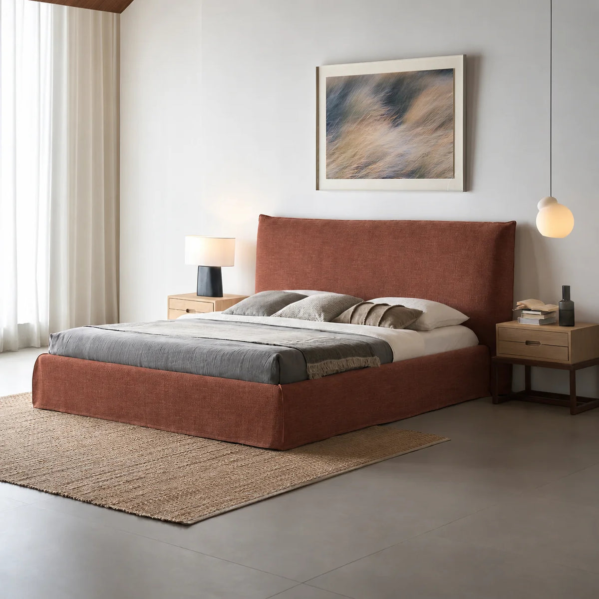 Custom Bed Frame Cover — Elara Flax · Imperial Crimson
