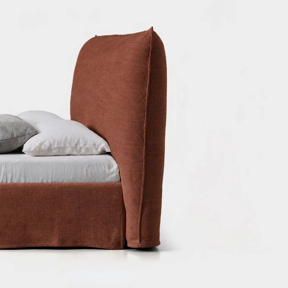 Custom Bed Frame Cover — Elara Flax · Imperial Crimson