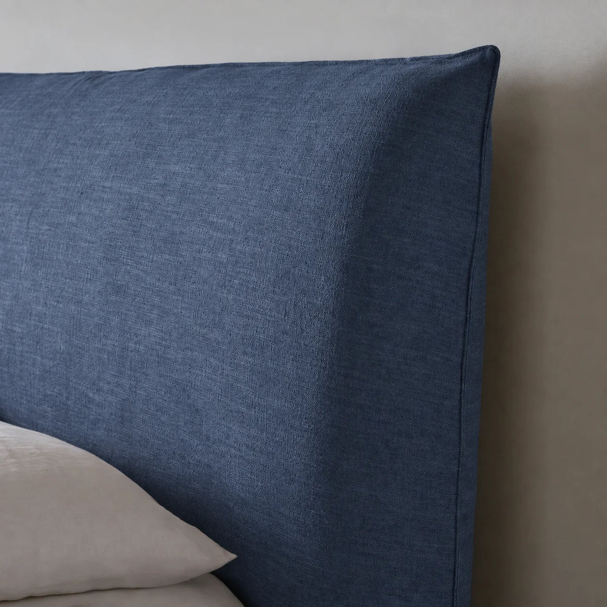 Custom Bed Frame Cover — Elara Flax · Indigo Denim