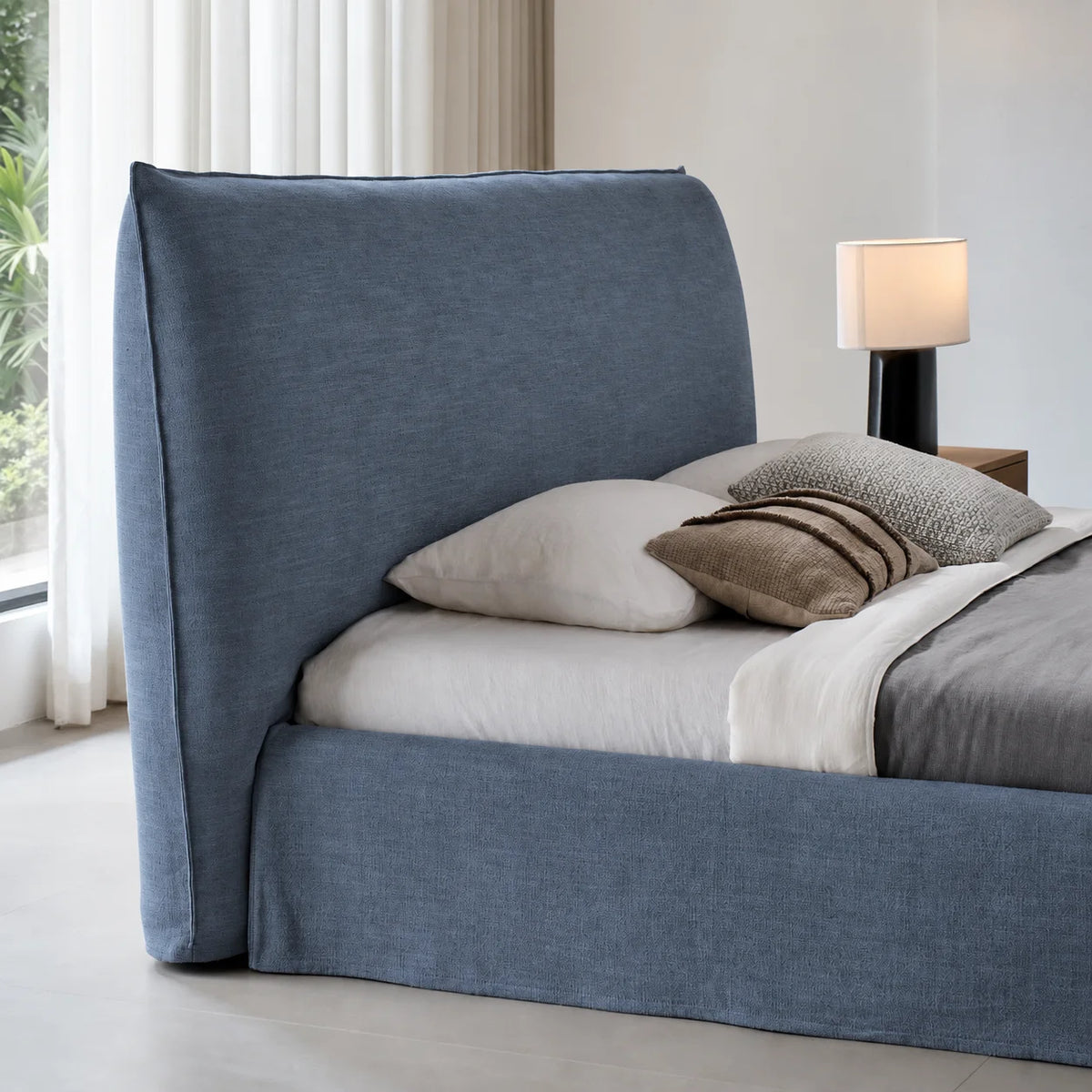 Custom Bed Frame Cover — Elara Flax · Indigo Denim