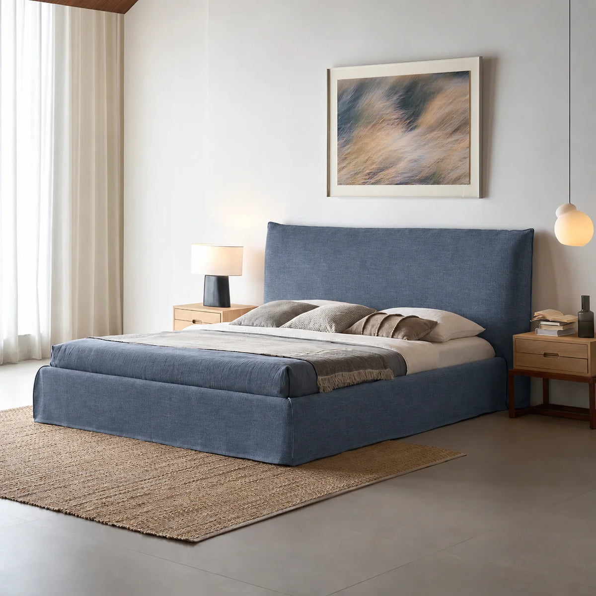 Custom Bed Frame Cover — Elara Flax · Indigo Denim