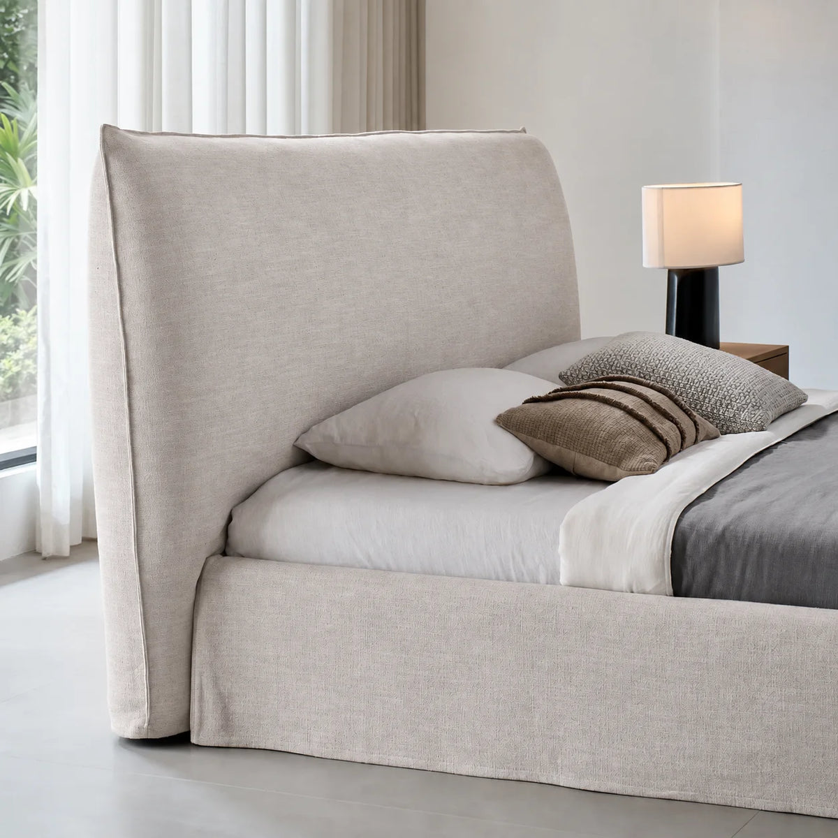 Custom Bed Frame Cover — Elara Flax · Ivory Cloud