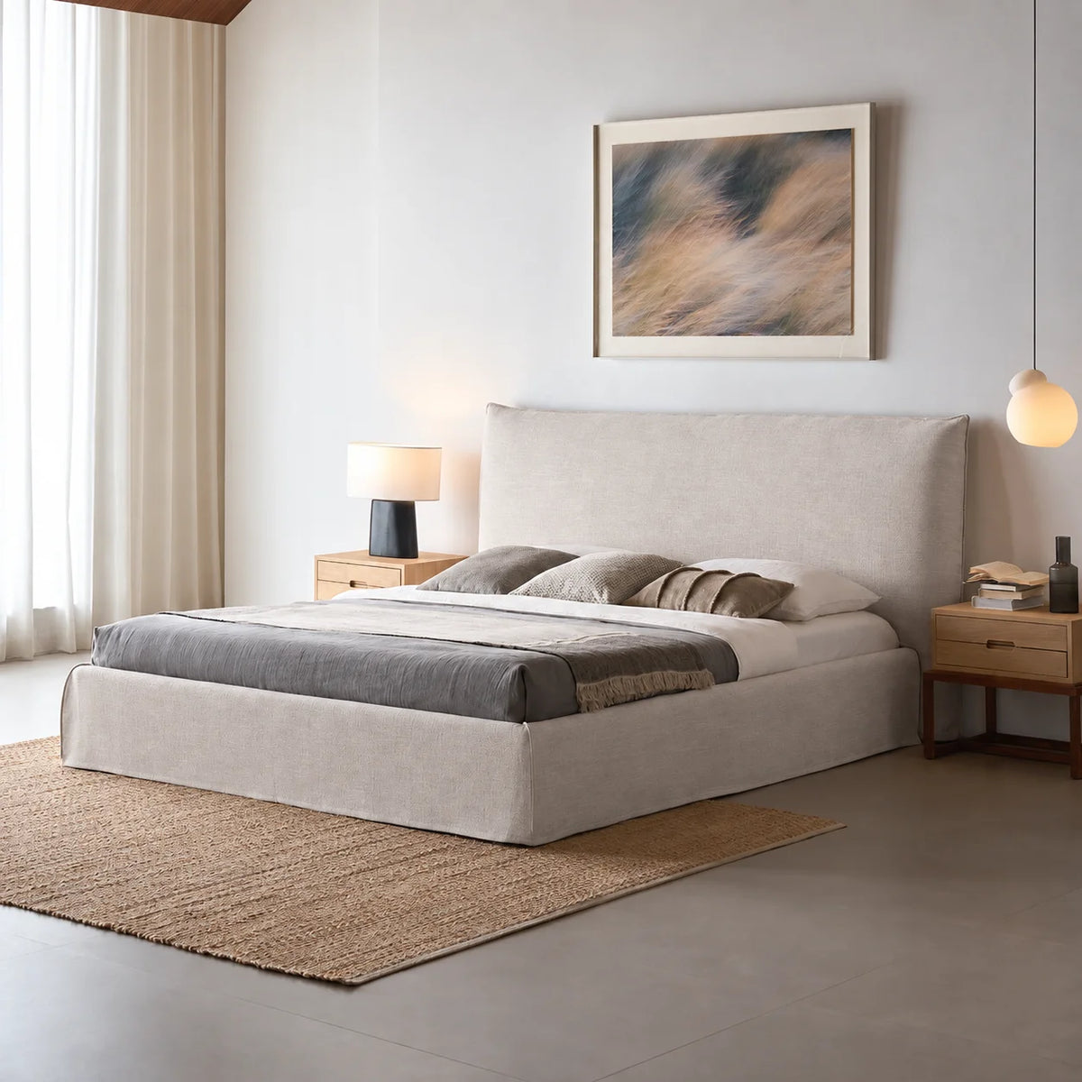 Custom Bed Frame Cover — Elara Flax · Ivory Cloud