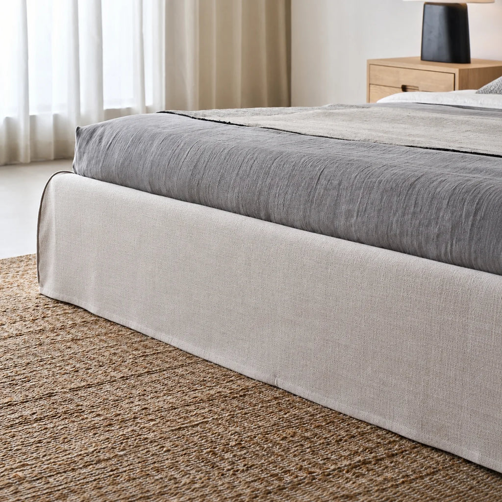Custom Bed Frame Cover — Elara Flax · Ivory Cloud