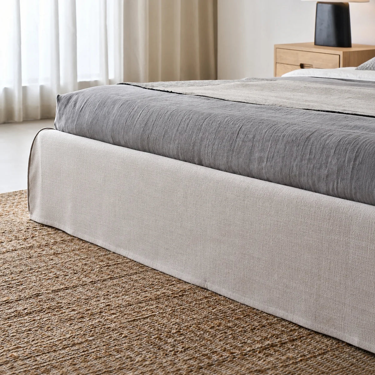 Custom Bed Frame Cover — Elara Flax · Ivory Cloud