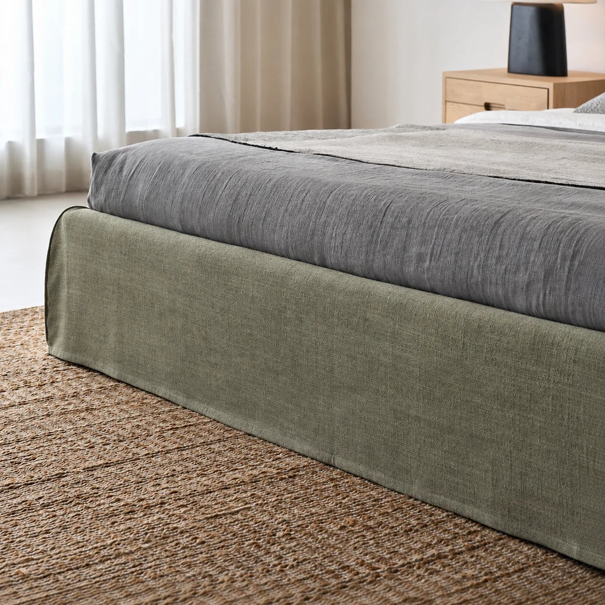Custom Bed Frame Cover — Elara Flax · Matcha Mist