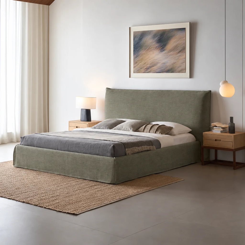 Custom Bed Frame Cover — Elara Flax · Matcha Mist