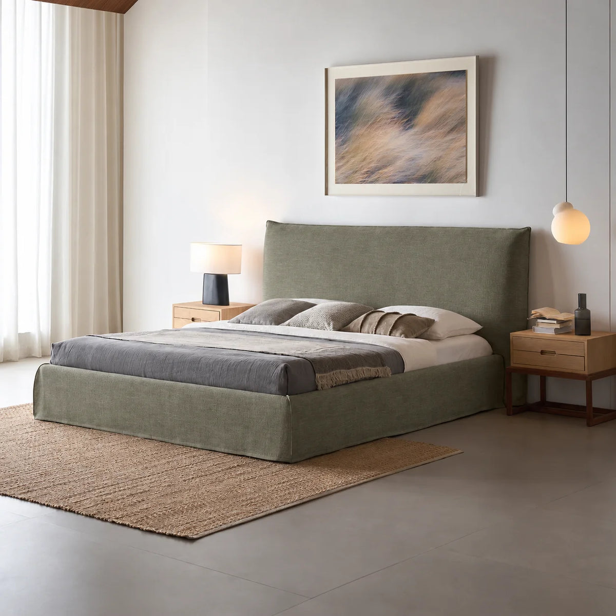 Custom Bed Frame Cover — Elara Flax · Matcha Mist