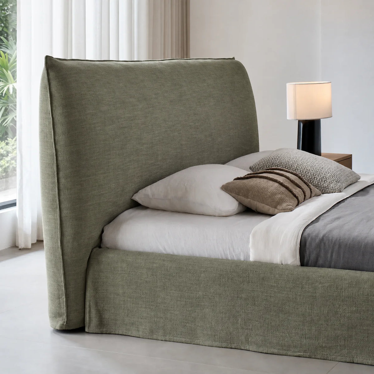 Custom Bed Frame Cover — Elara Flax · Matcha Mist