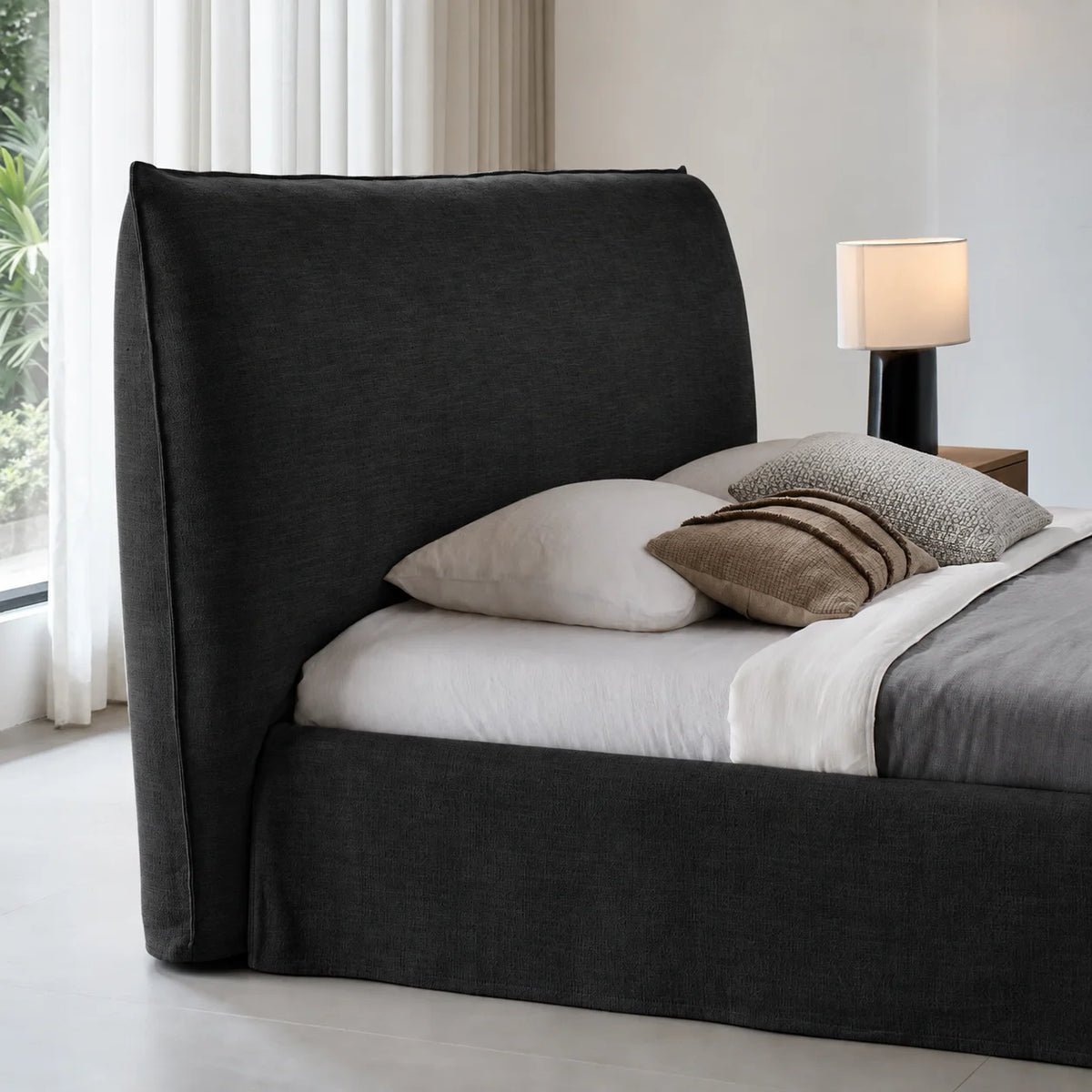 Custom Bed Frame Cover — Elara Flax · Obsidian Noir