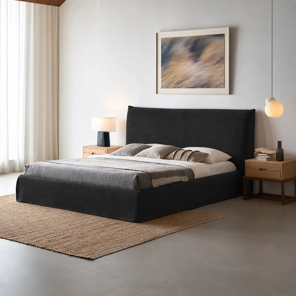 Custom Bed Frame Cover — Elara Flax · Obsidian Noir