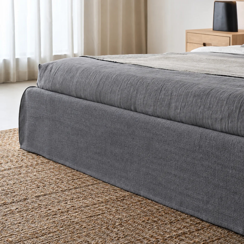 Custom Bed Frame Cover — Elara Flax · Platinum Drift